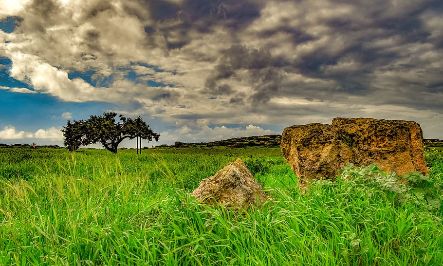 rocks, tree, landscape, nature, panoramic, sky, clouds, winter HD wallpaper