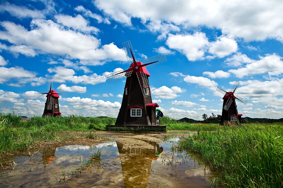 Windmill Near Grass Field, architecture, blue sky, cloud, clouds HD wallpaper