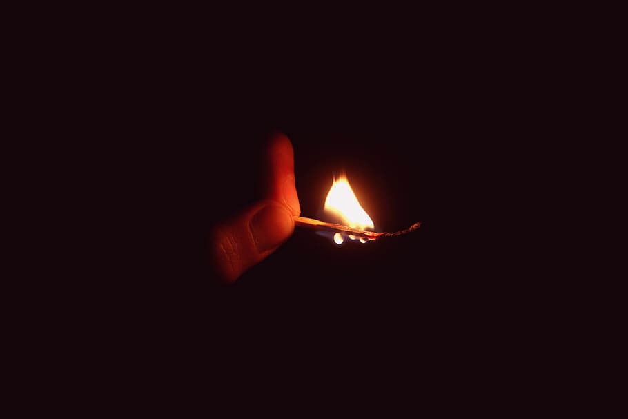 fire, match, burning, dark, light, hand, heat, human hand, flame HD wallpaper