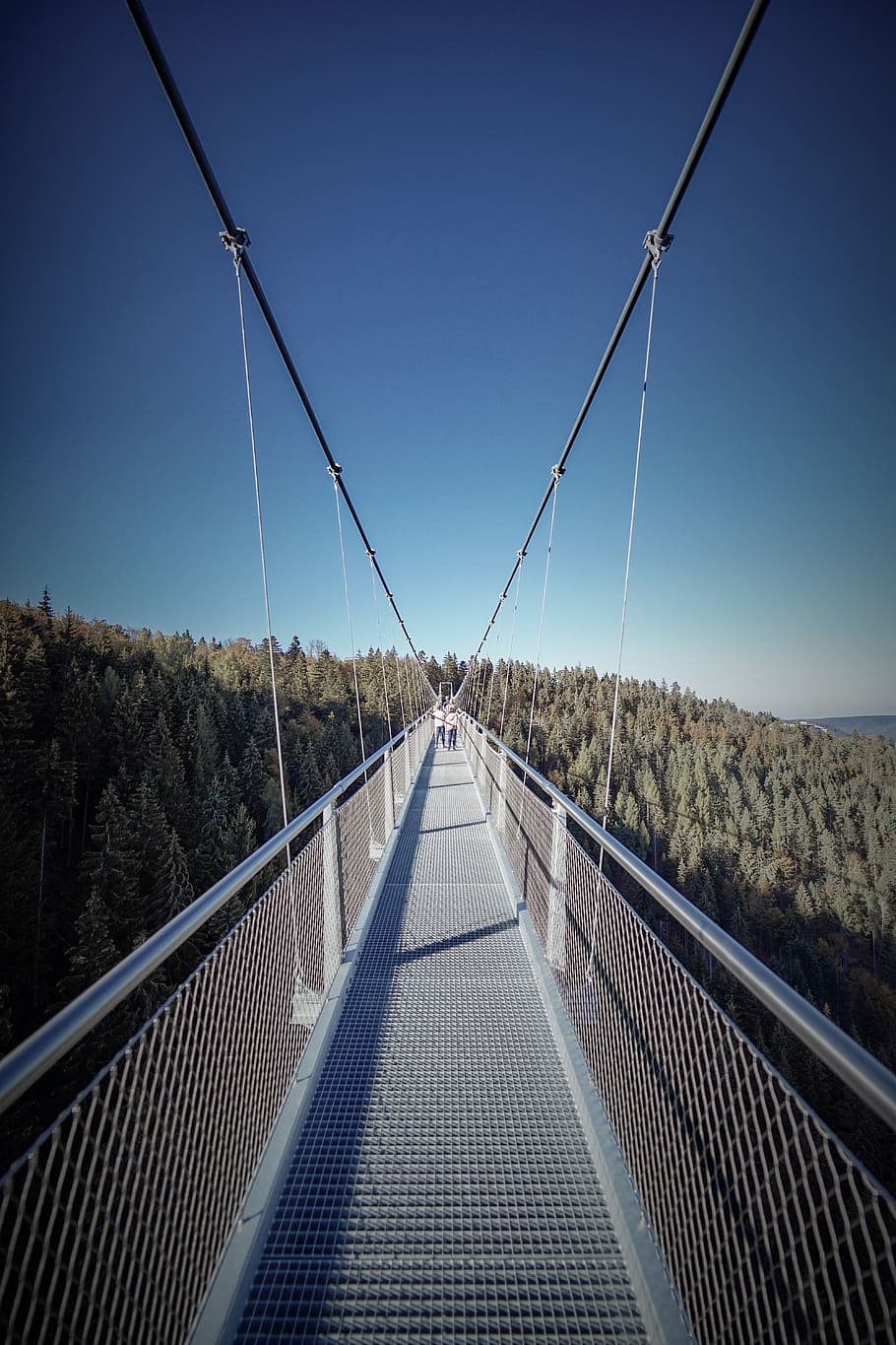 hanging bridge under blue sky, direction, connection, diminishing perspective HD wallpaper