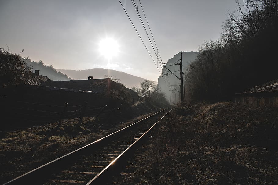 railway, rail transportation, railroad track, sky, nature, tree HD wallpaper