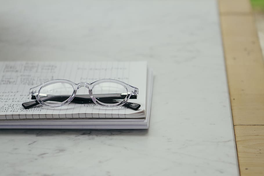 notebook, work, desk, minimal, glass, glasses, still life, eyeglasses HD wallpaper