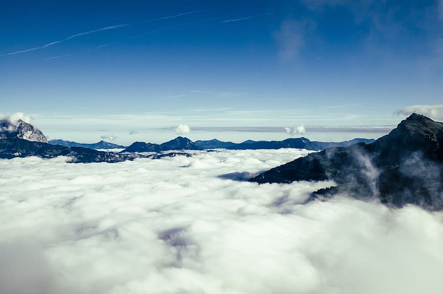 blue, sky, clouds, mountains, peaks, summit, outdoors, landscape HD wallpaper