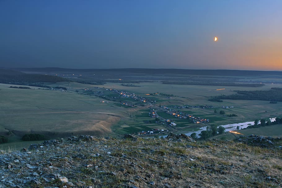 night, sky, moon, dusk, time, mountain, dark, rock, horizon HD wallpaper