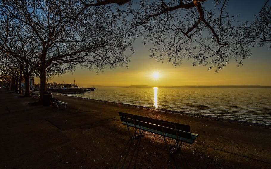 sunrise, lake, trees, bench, water, reflection, aurora, shore HD wallpaper