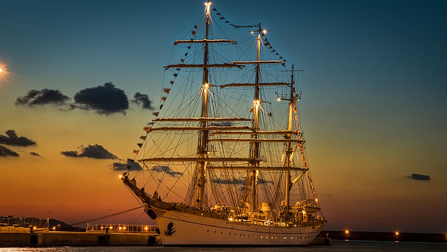 White Ship during Golden Hour, bay, clouds, coast, dock, golden sunset, HD wallpaper