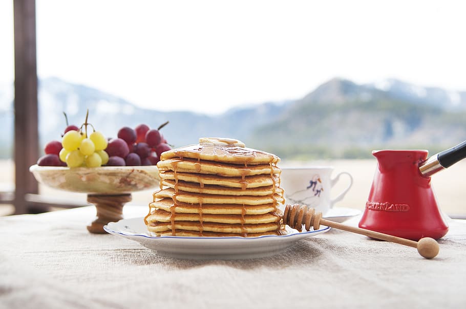 pancake, hash browns, mountains, morning, breakfast, nutrition, HD wallpaper