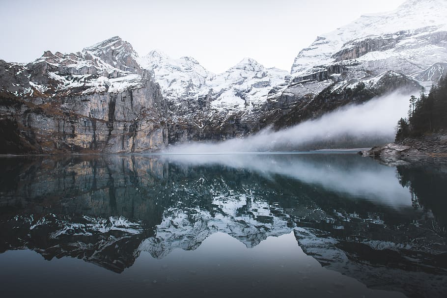 mountain, valley, highland, landscape, lake, water, reflection HD wallpaper