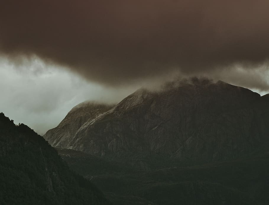 dark, clouds, mountain, valley, highland, trees, landscape HD wallpaper