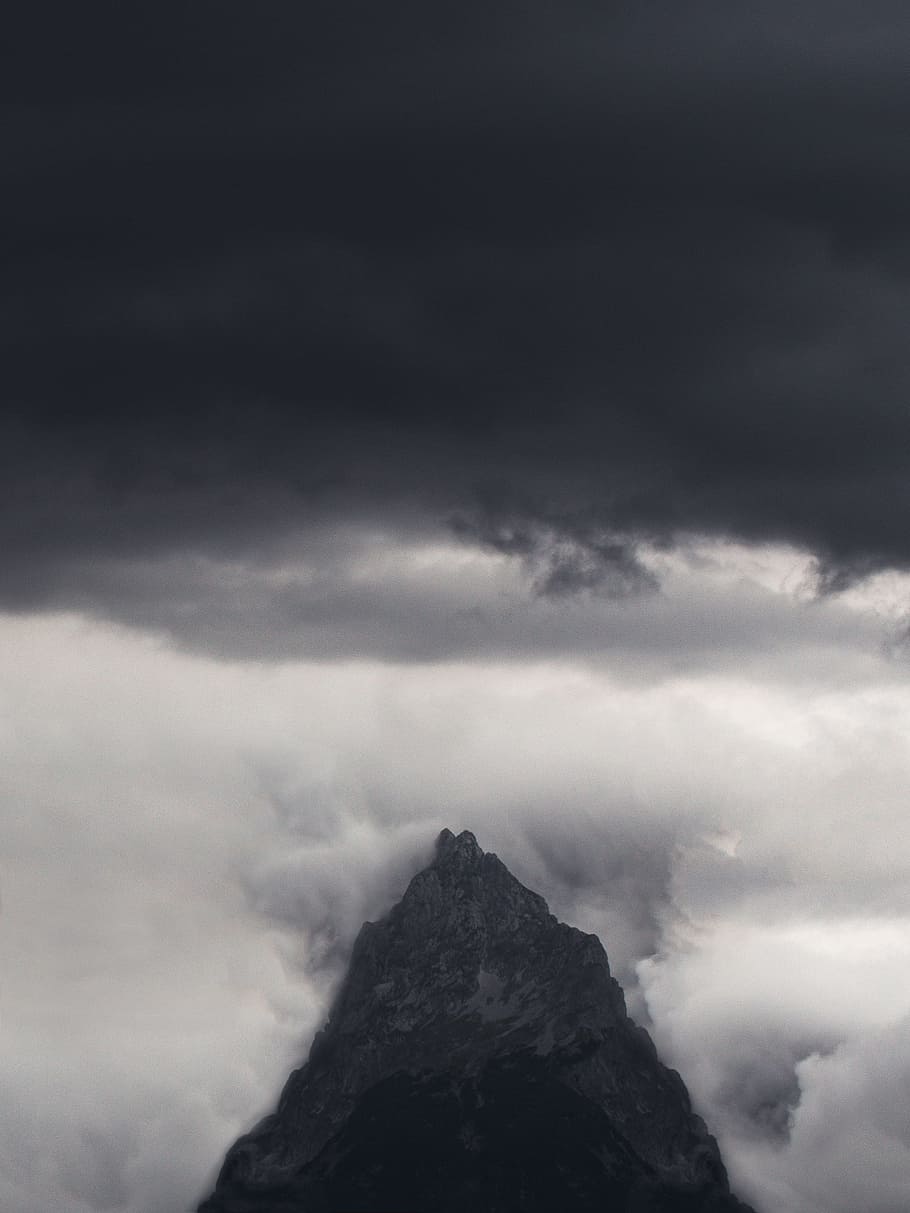 mountain surround with clouds, peak, summit, moody, storm, landscape, HD wallpaper