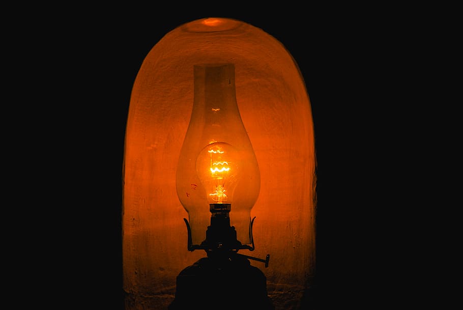 black kerosene lamp, lampshade, light, flame, glow, filament, HD wallpaper