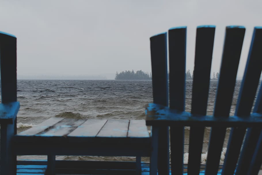 trees, lake, forest, canada, chair, cabin, island, waves, fog HD wallpaper