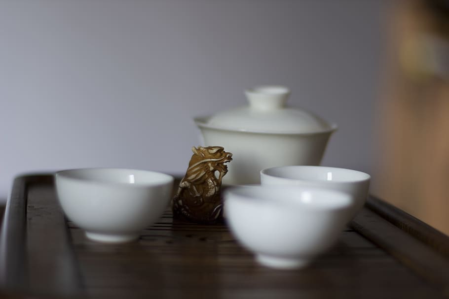 three white ceramic bowls, indoors, ceramics, selective focus HD wallpaper