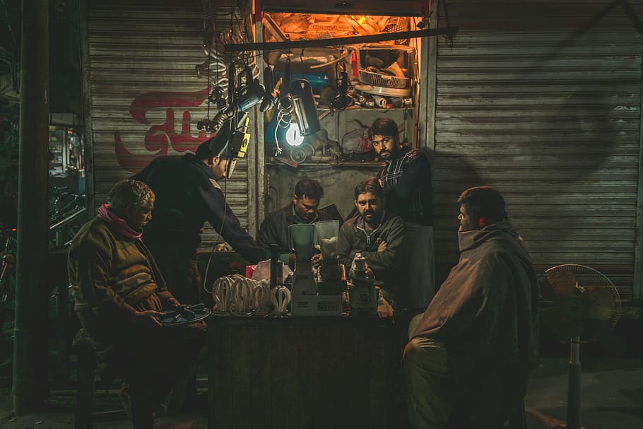 six men surround the table, group of people, real people, belief HD wallpaper