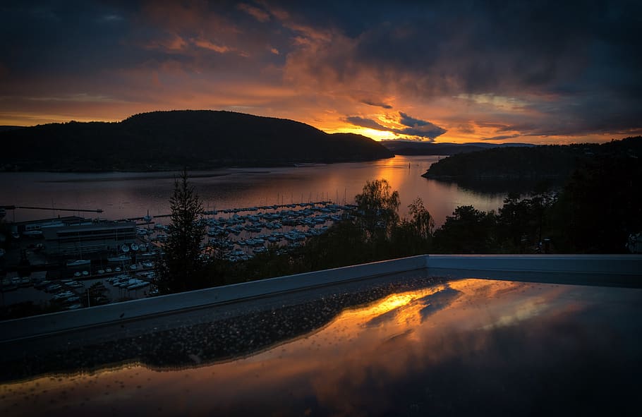 norway, drøbaksundet, reflection, clouds, mirrored, landscape HD wallpaper