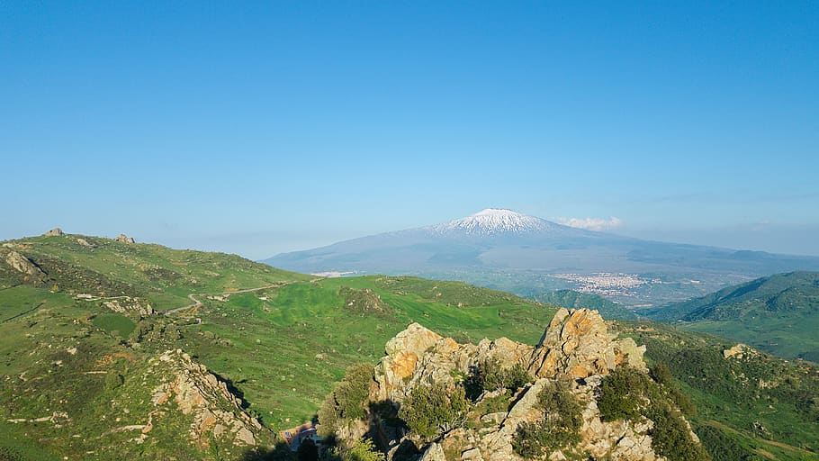 italy, cesarò, mount, rocks, snow, spring, etna, wallpaper HD wallpaper