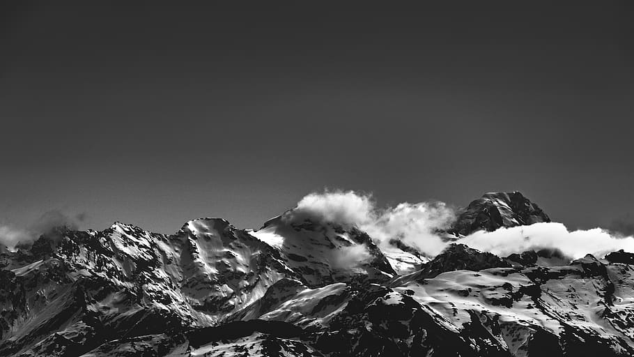 grayscale photography of mountains, outdoors, nature, mountain range, HD wallpaper