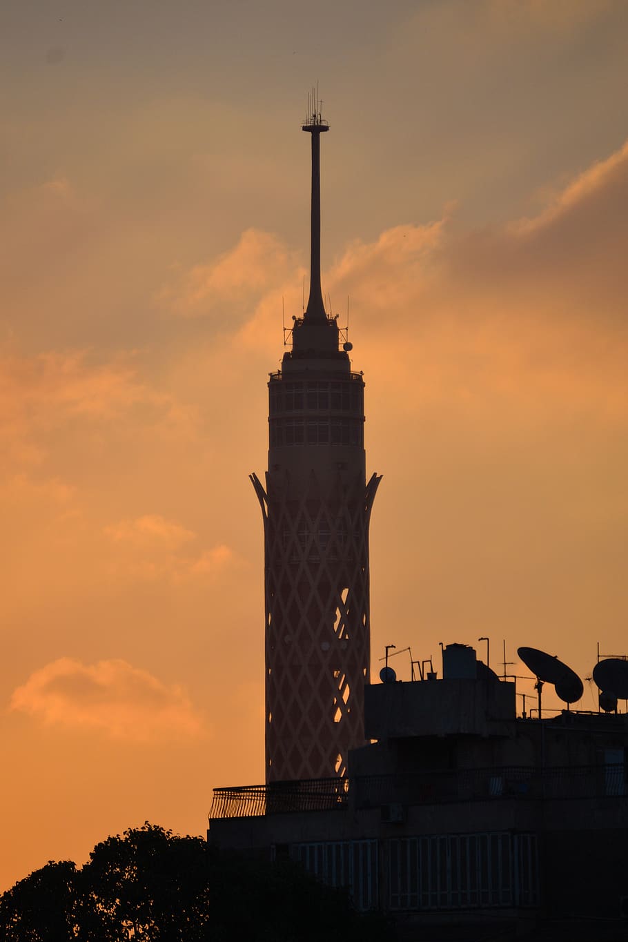 cairo, egypt, sky, cairo tower, clouds, silhouette, architecture, HD wallpaper