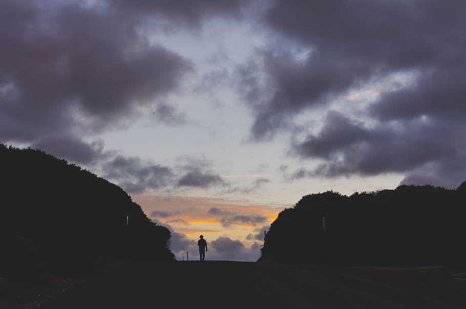 people, walking, alone, silhouette, sunset, dark, cloud, sky HD wallpaper