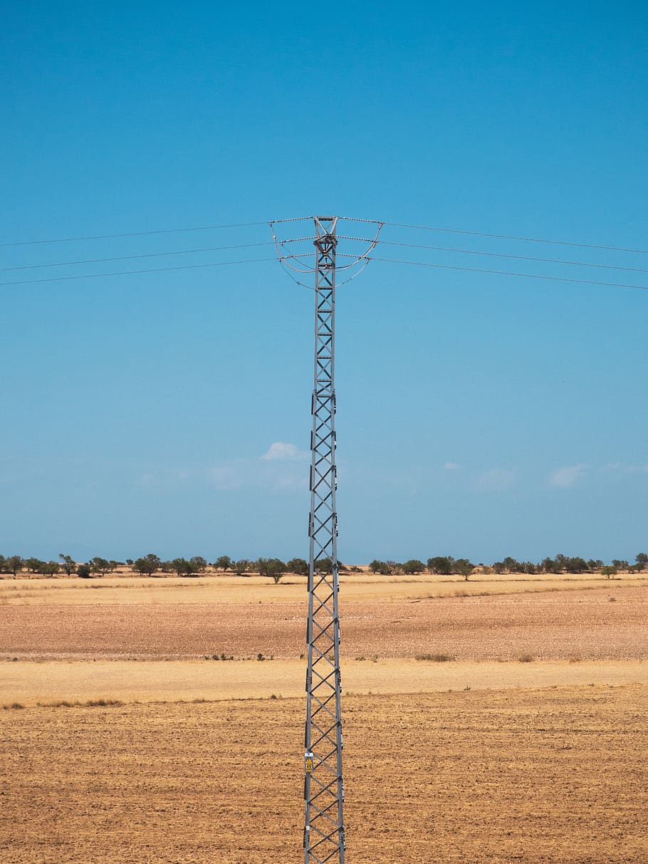 spain, pylon, sky, blue, desert, geometry, landscape, composition HD wallpaper