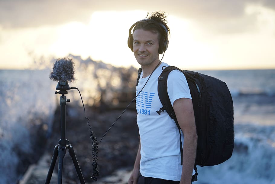 mediterranean, sunset, man, model, sound recording, headphones HD wallpaper