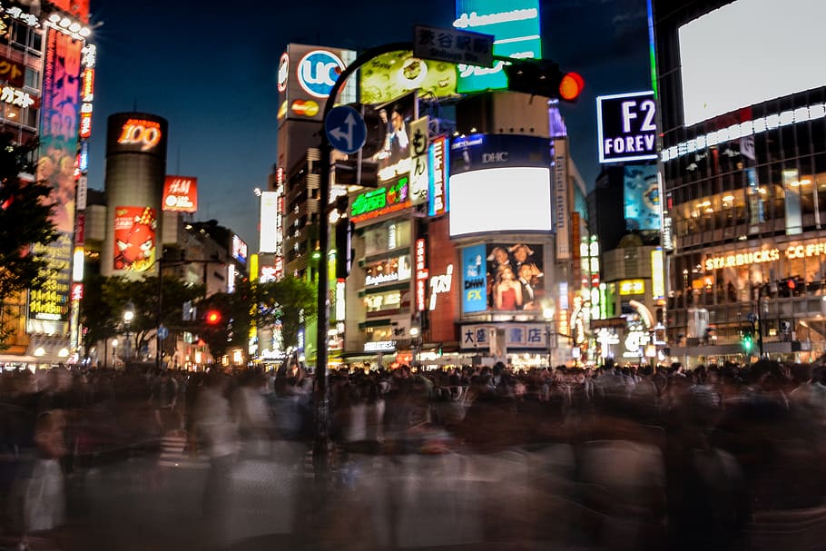 japan, 渋谷区, shibuya crossing intersection, night photography, HD wallpaper