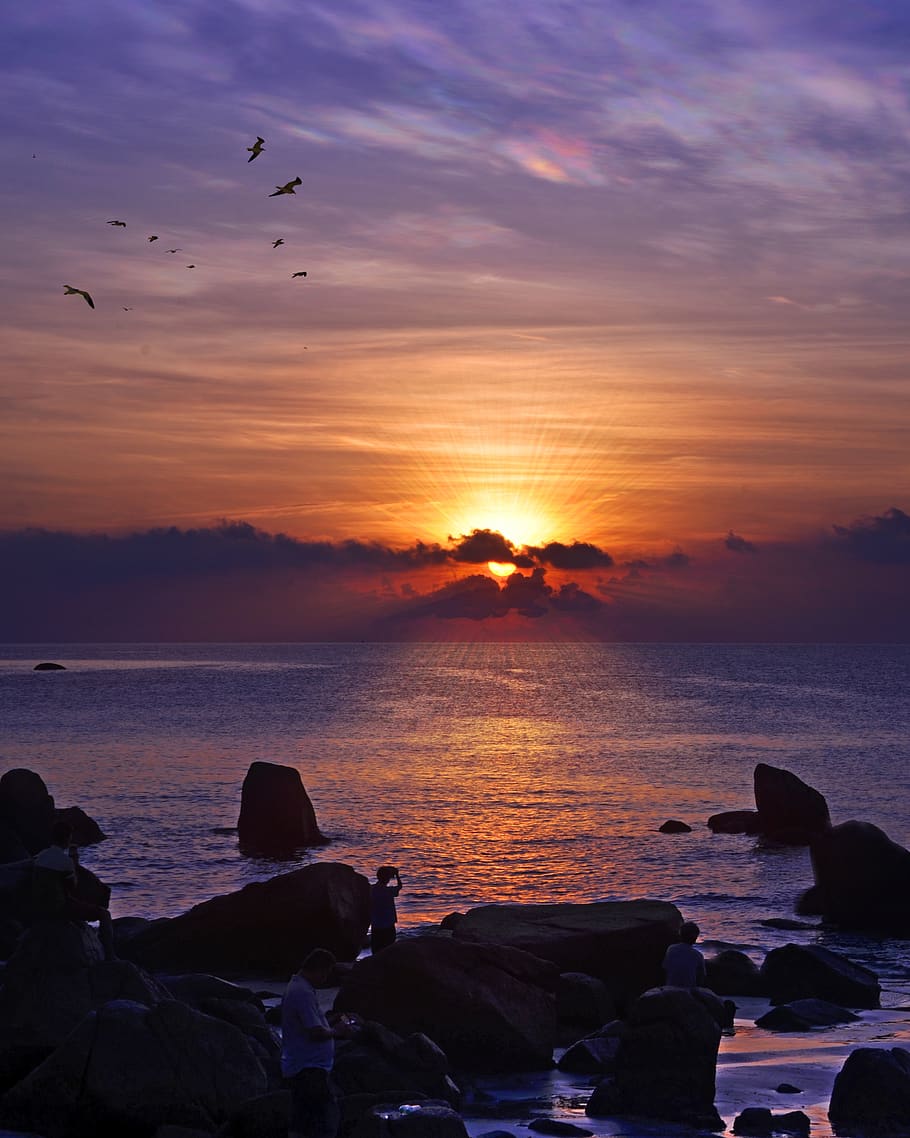 Sunset on Seashore, backlit, beach, calm, clouds, coast, dawn HD wallpaper