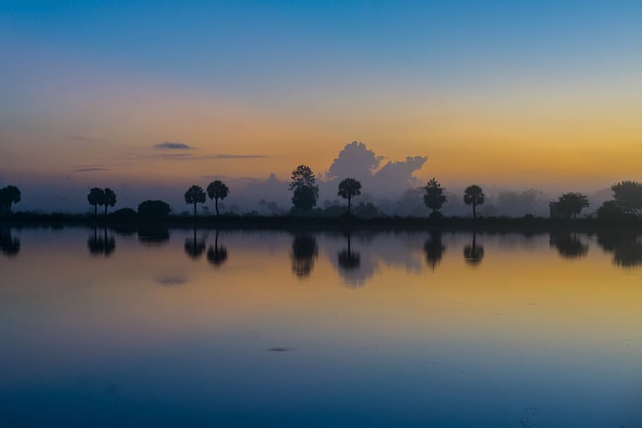 sunset, lake, reflection, tropical, colorful, landscape, scenic HD wallpaper