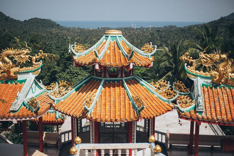 Three Pagoda Temples Near Trees, ancient, architecture, buildings HD wallpaper