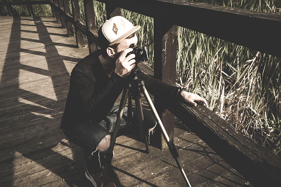 Person Standing Near Camera With Tripod, close-up, deck, grass HD wallpaper