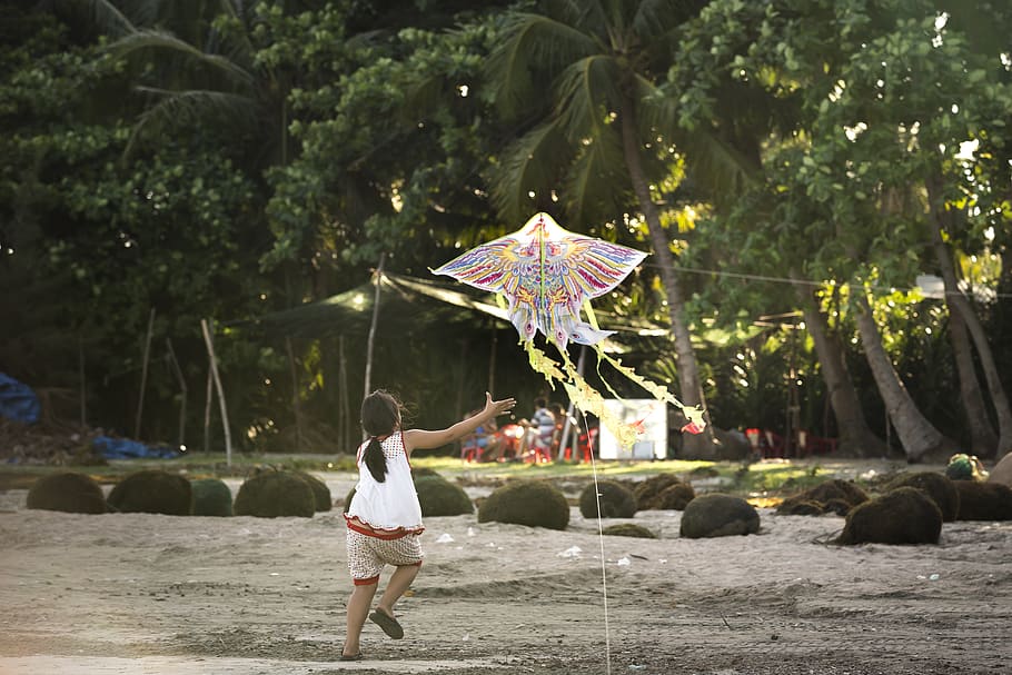 Girl Flying A Kite, child, enjoyment, fun, happiness, kid, outdoors, HD wallpaper