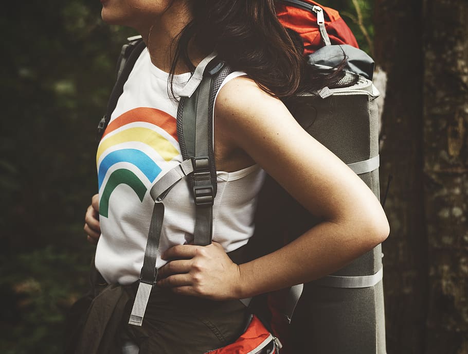 Woman Carrying Hiking Backpack Standing Under Shade of Tree, activity HD wallpaper
