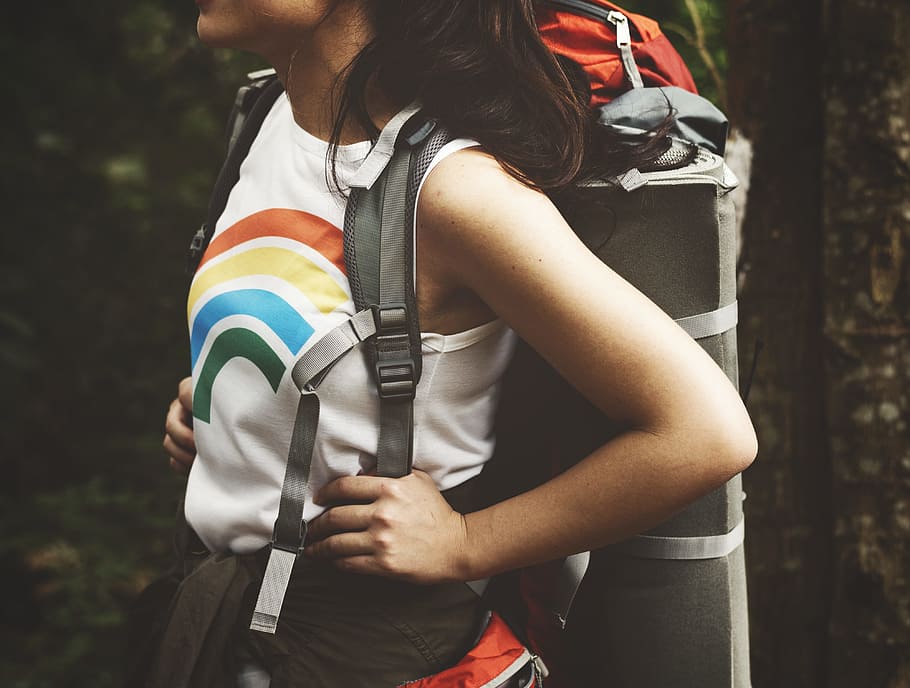 woman, backpacker, rainbow, shirt, trekking, westerner, walking, HD wallpaper