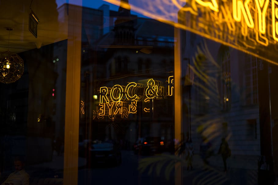 manchester, uk, reflection, light, bar, neon, night, dusk, restaurant HD wallpaper