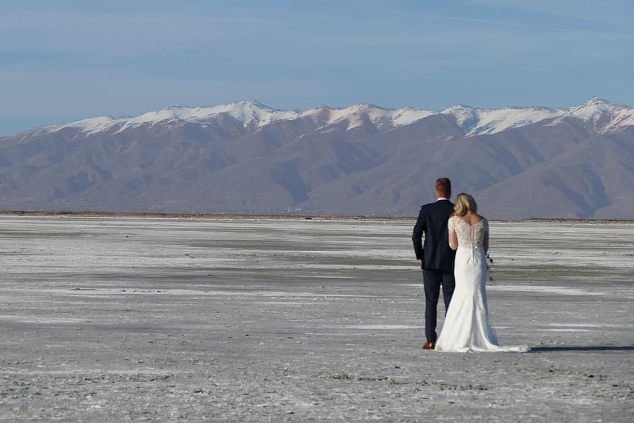 united states, great salt lake, mountains, wedding, dress, love, HD wallpaper