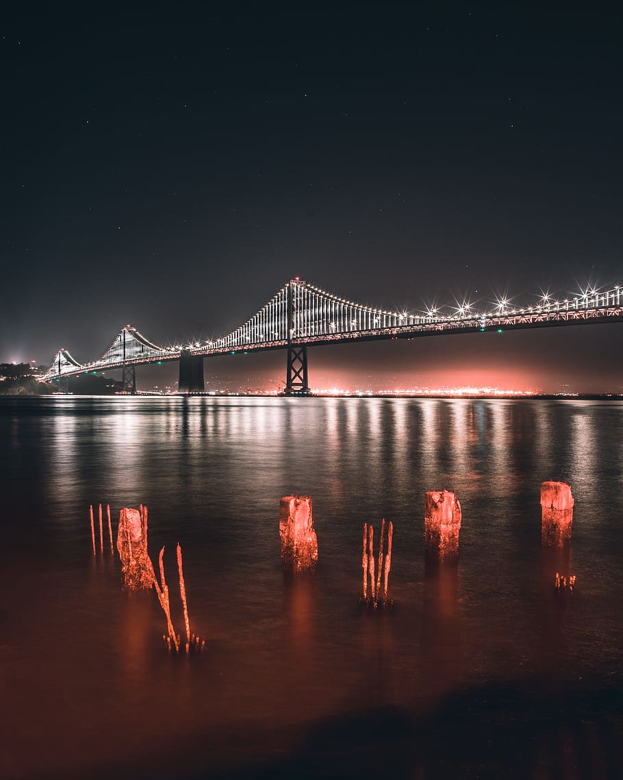 black bridge, night, shore, coast, water, long exposure, red HD wallpaper