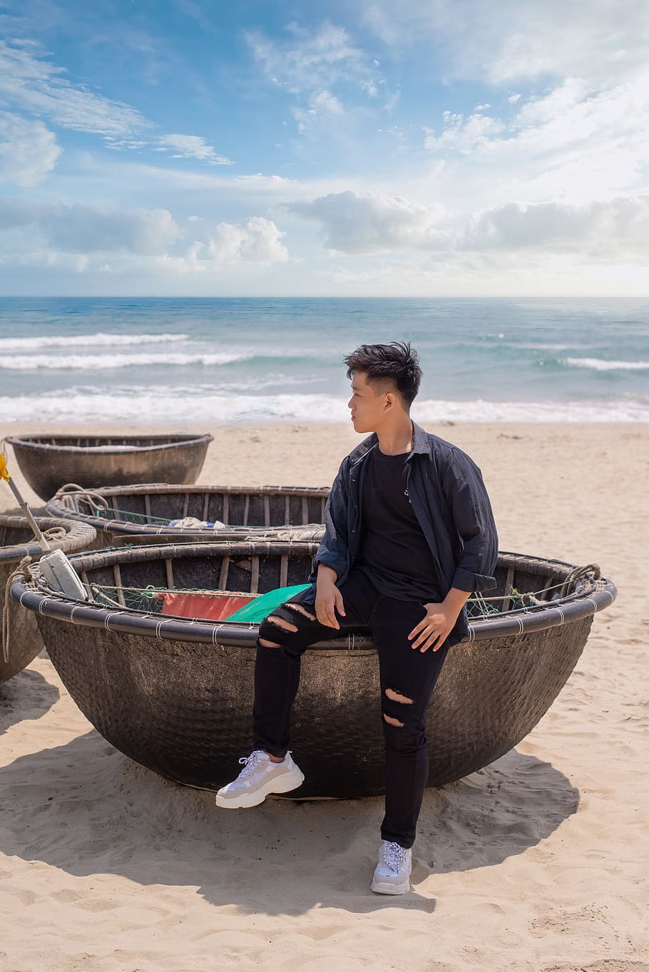 Man Sitting on Basin, beach, boats, clouds, coast, coastline HD wallpaper