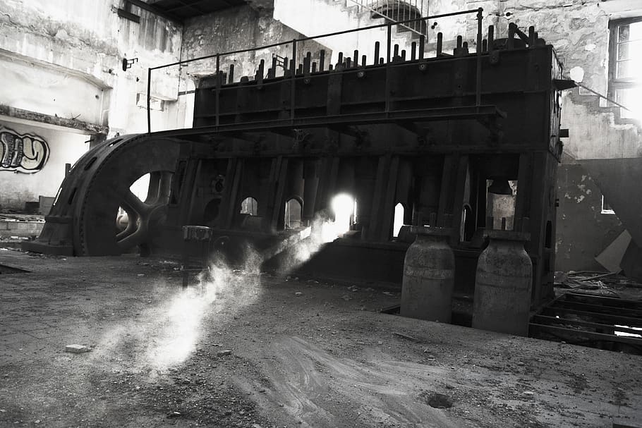 drapetsona, greece, decay, light, dust, old factory, heavy machine HD wallpaper