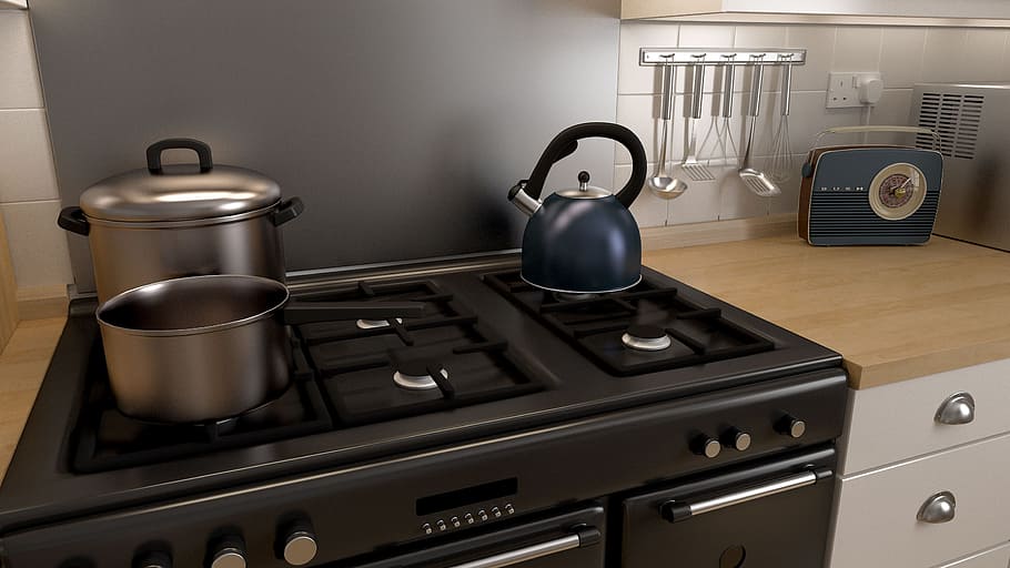 3D render of a kitchen with stovetop items and countertop., 3-d