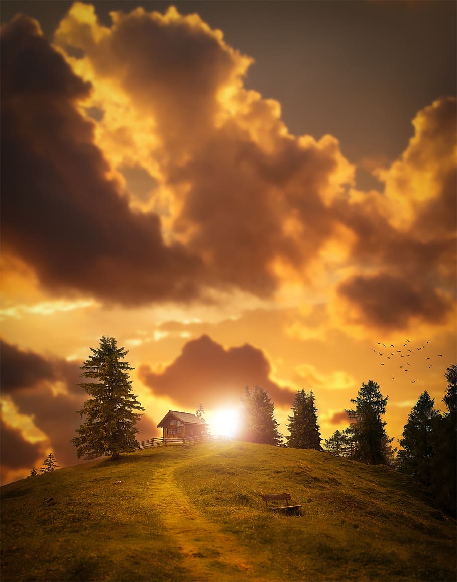 landscape, sunset, sky, lighting, weather mood, alm, alpe, hut HD wallpaper