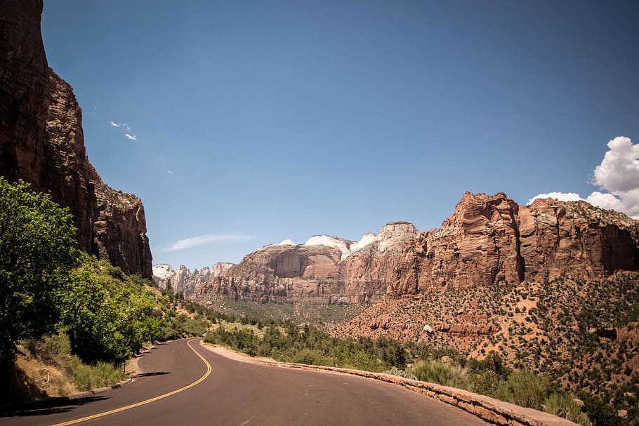 road between green bushes, sky, rock, transportation, the way forward HD wallpaper