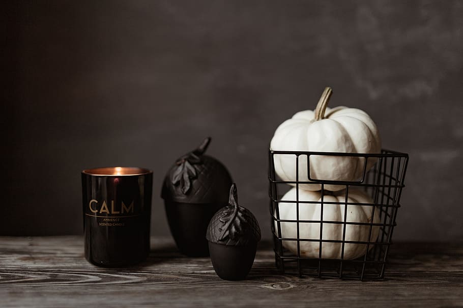 Dark mood home decorations, flowers, pumpkin, halloween, white pumpkin