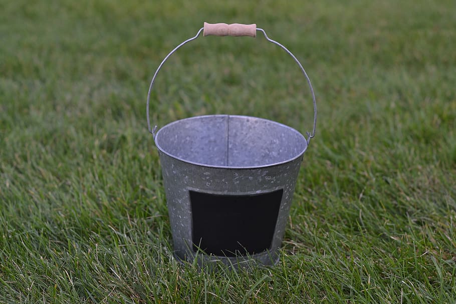 silver bucket, grass, galvanized bucket, chalkboard, plant, HD wallpaper