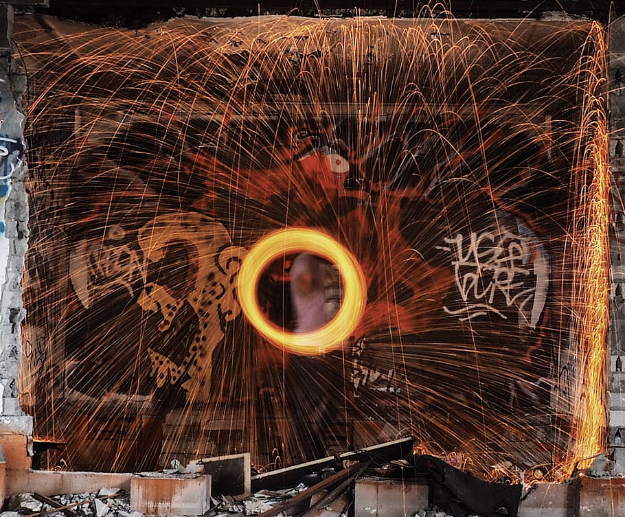 fire, olympus, abandoned, art, steel wool, painting, one person HD wallpaper