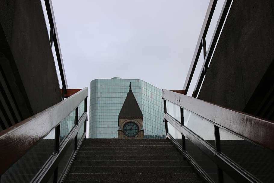 toronto, nathan phillips square, canada, moody, clock, stairs