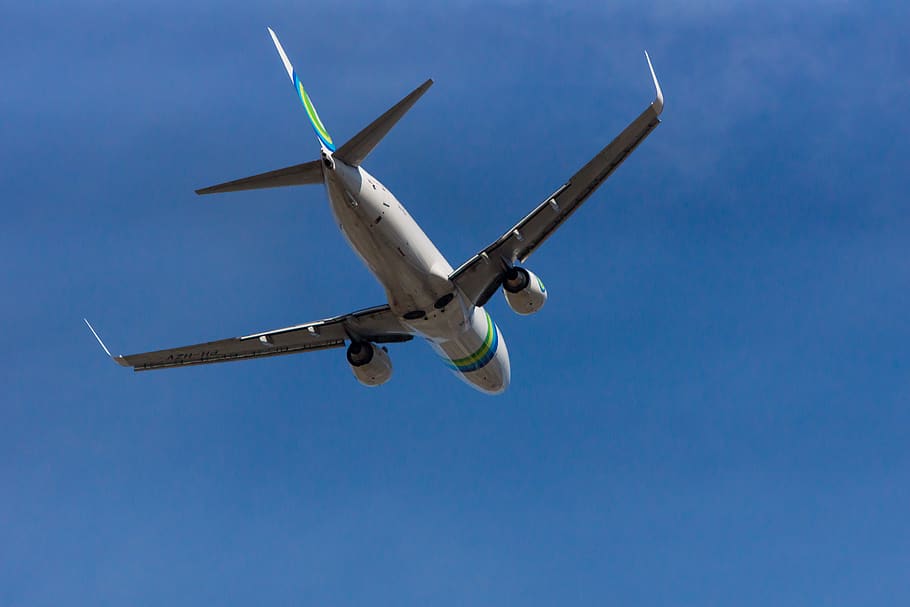 white passenger plane under blue sky, air vehicle, airplane, flying HD wallpaper