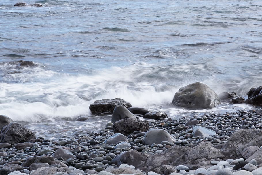 water, stone, black, beach, nature, sea, rock, solid, wave HD wallpaper