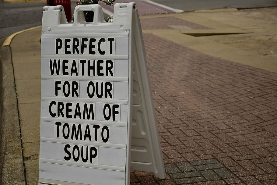perfect weather for our cream of tomato soup text on brown brick pavement, HD wallpaper
