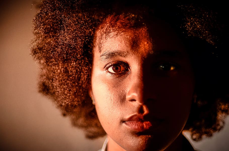 Closeup Photo of Person's Face, afro, close-up, dark, eyes, facial expression HD wallpaper