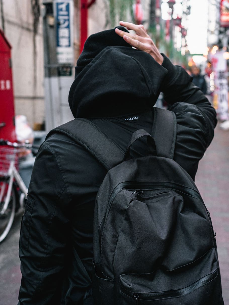 Person Wearing Black Hoodie Standing on Street, back view, backpack HD wallpaper